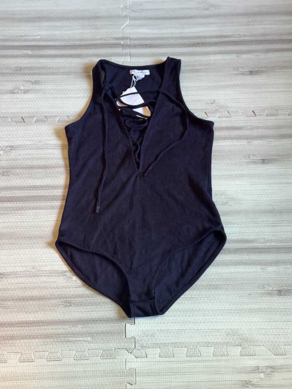 NWT GLAMOROUS Women's Black Suede Lace Up Bodysuit